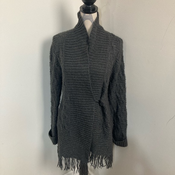 INC Women’s Grey Wrap Knit High Neckline with Fringes on the hem with Toggle - Picture 1 of 5